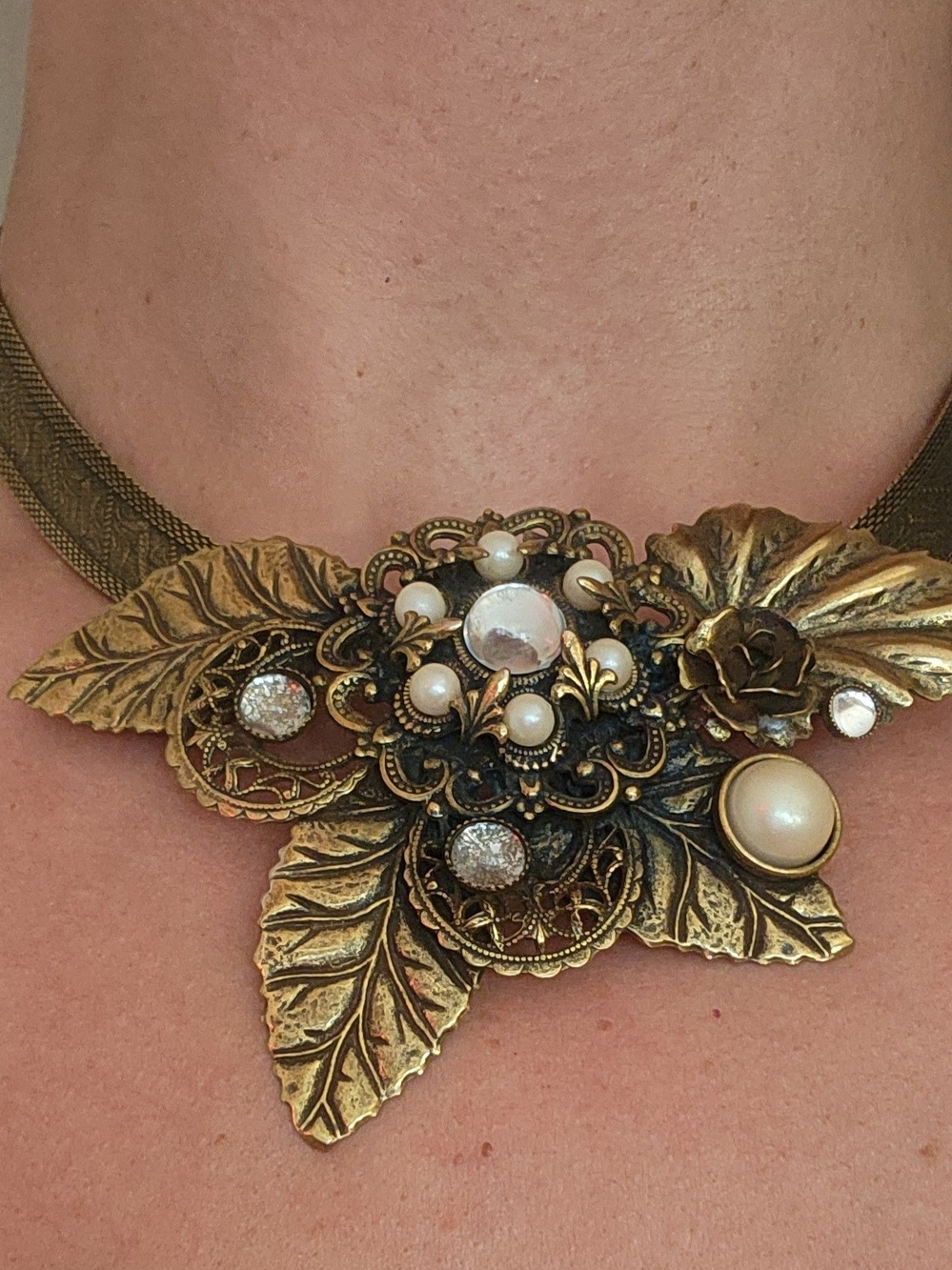 Vintage Gold Floral And Leaf Statement Necklace